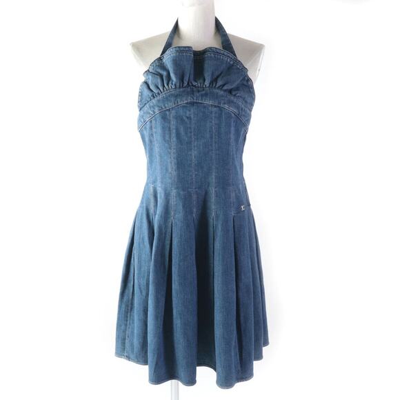 Authentic CHANEL CC 07C Denim Sleeveless Short Dress Blue Vintage Pleated 40 - Picture 1 of 10